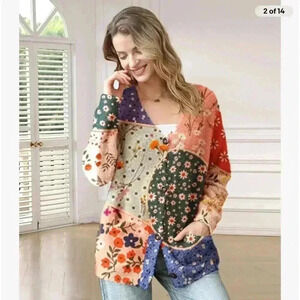 Vintage Yesno Floral V-Neck Cardigan Wool Blend Size M READ